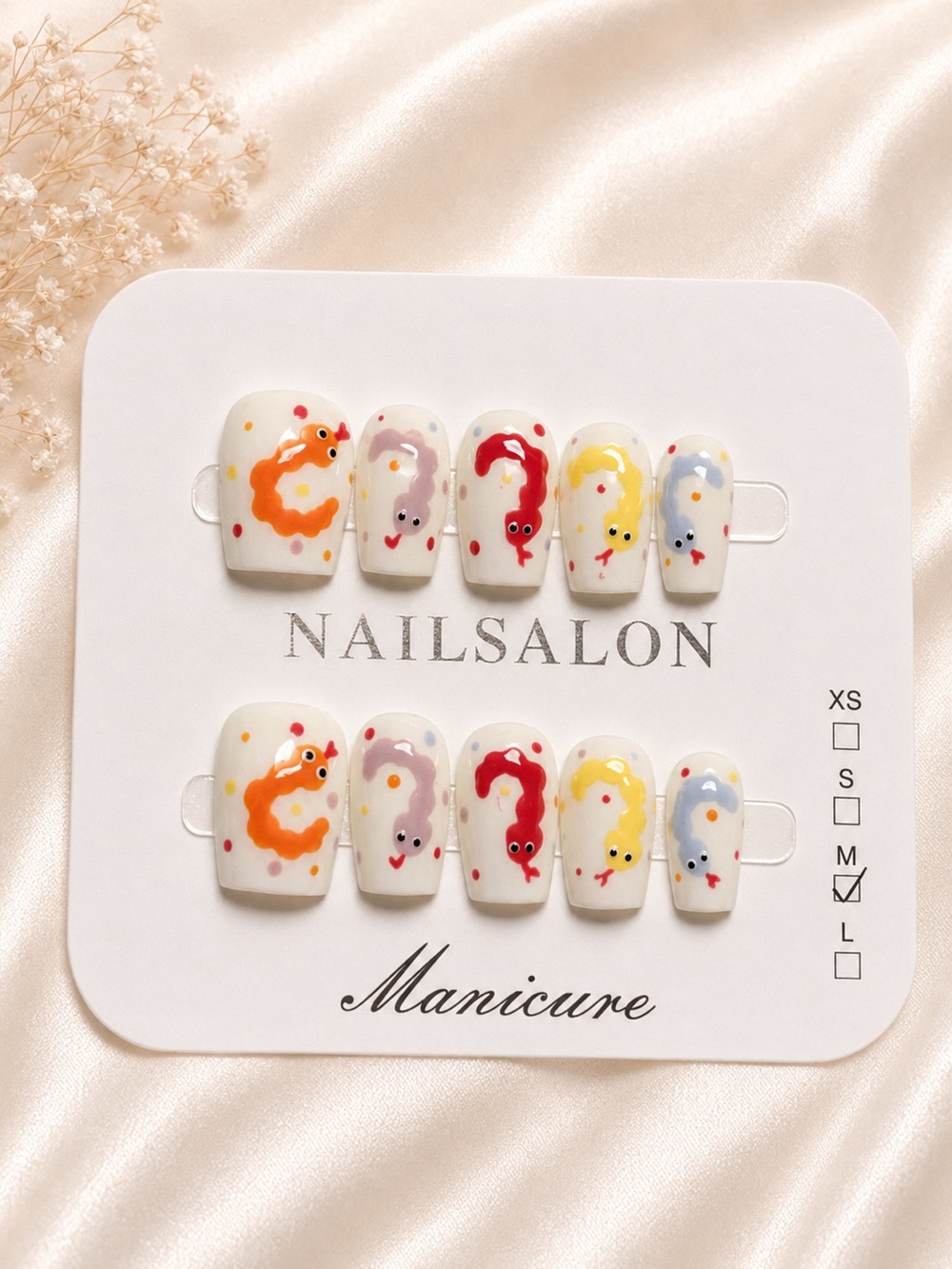 Cute Snake Press-On Nails - White Base with Multi-Color Snakes size medium